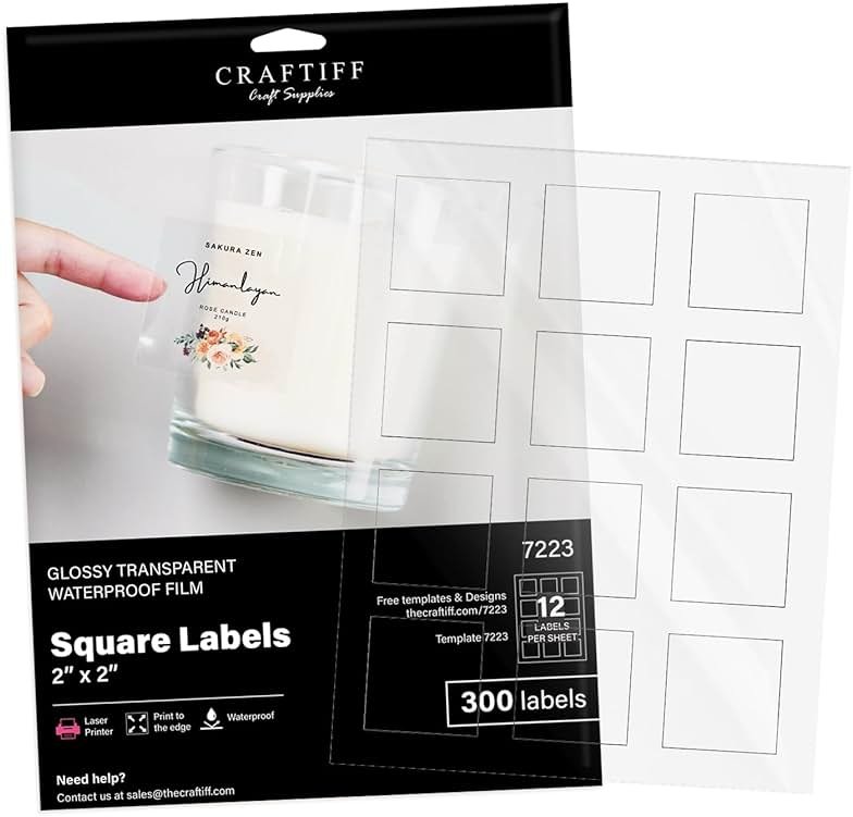 2x2 Clear Square Labels Stickers Glossy for Laser Printer, Pack of 300, Transparent self Adhesive Vinyl Paper Craftiff - Product Image