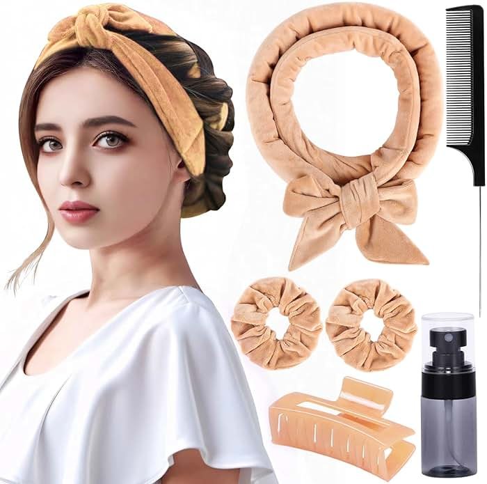 Heatless Velvet Hair Curlers to Sleep in Heatless Curls Overnight for Long Hair, No Heat Curling Rod Headband for Women All Hair Types -6 Pieces Set (Khaki) - Product Image