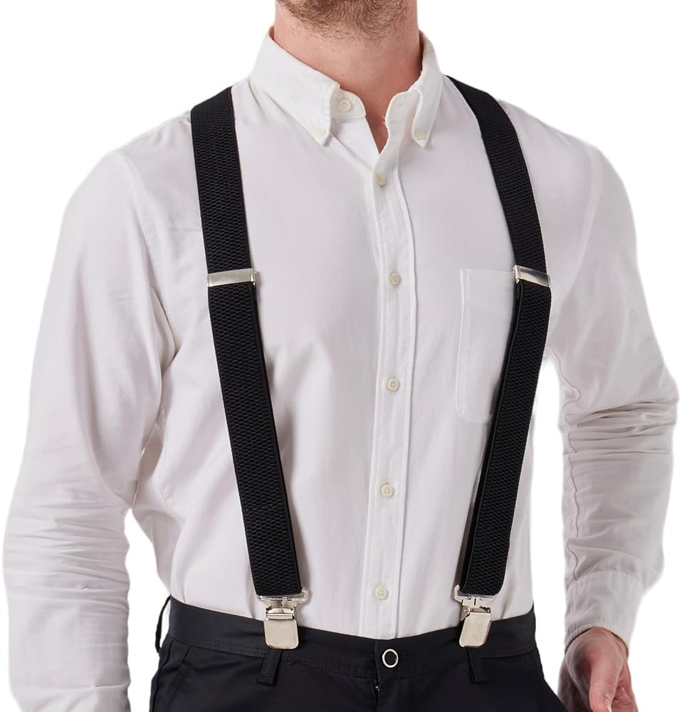 LazarsSpace Heavy-Duty X-Back Suspenders for Men with Four Premium Clips 1 3/8" Elastic Adjustable Straps - Product Image