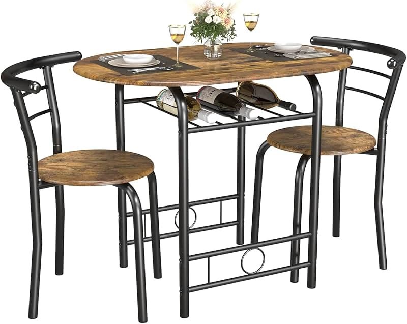 JUMMICO 3-Piece Wooden Round Table & Chair Set, Space Saving Kitchen Breakfast Nook Wood Grain Tabletop with Metal Frame and Built-in Wine Rack for Kitchen, Dining Room (Brown/Black) - Product Image