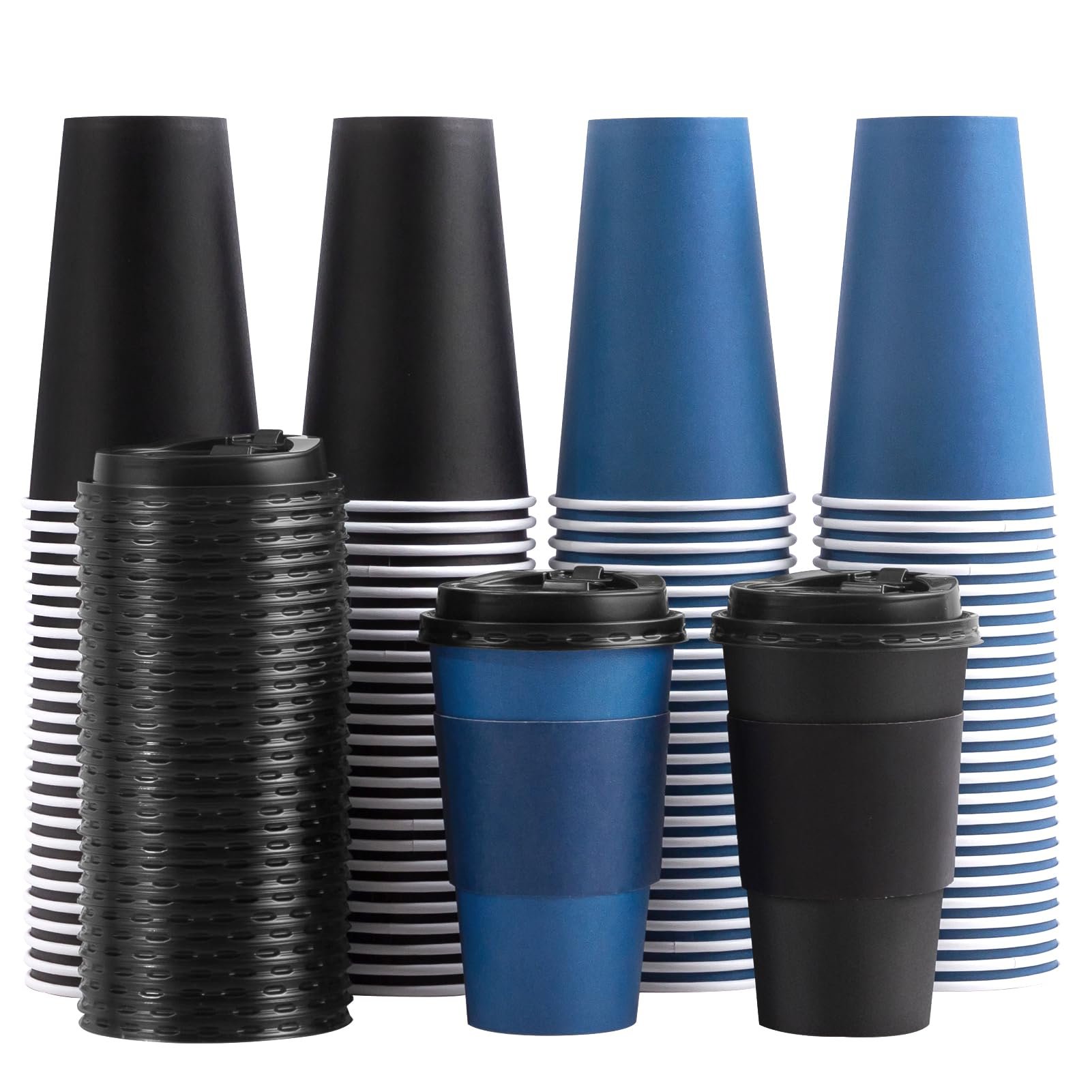 SIUQ 100 Pack 16 oz Disposable Coffee Cups with Lids and Sleeves, To Go Paper Cups, Hot & Cold Drinking Cups for Tea, Coffee, Water, Hot Chocolate, Paper Coffee Cups Ideal for Home,Cafes,Store - Product Image
