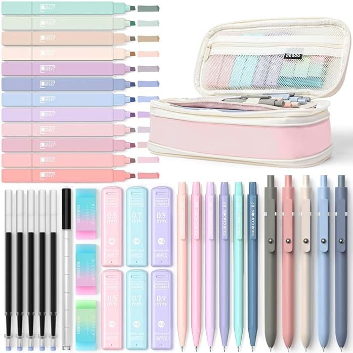 Four Candies 39 PCS Aesthetic Stationery Set with Organizer, College Supplies and Nursing Essentials, 12 Pastel Highlighters, 5 Black Gel Pens, 6 Mechanical Pencils, Pink - Product Image
