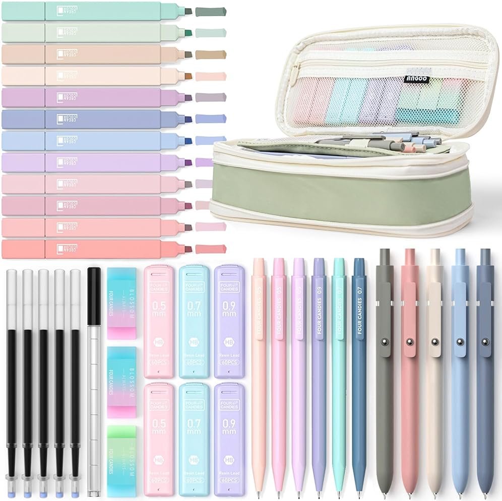 Four Candies 39 PCS Aesthetic Stationery Set with Cute Pen Case, College Supplies and Nursing Student Essentials, 12 Pastel Highlighters, 5 Black Gel Pens, 6 Mechanical Pencils, Green - Product Image