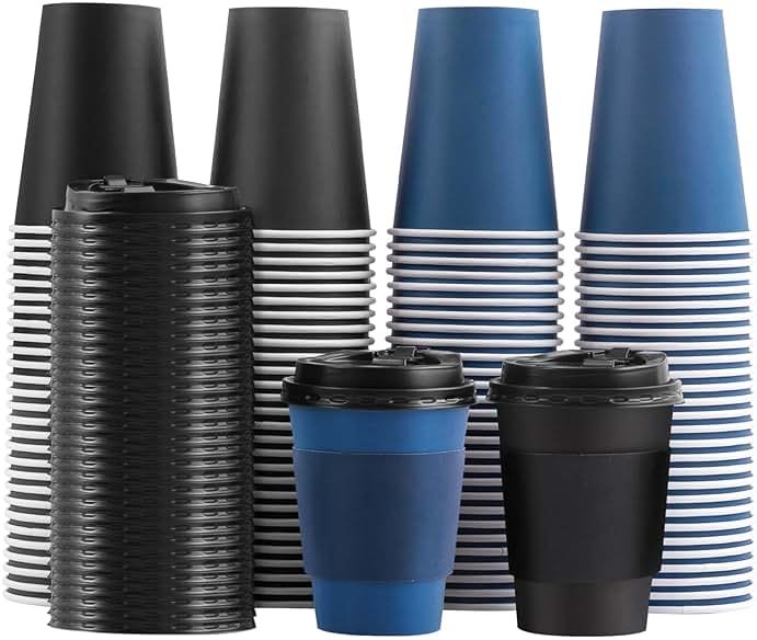 SIUQ 100 Pack 12 oz Disposable Coffee Cups with Lids and Sleeves, Paper Coffee Cups 12 oz, Double Color Blue & Black, To Go Paper Cups for Hot/Cold Drinks, Parties, Travel - Product Image