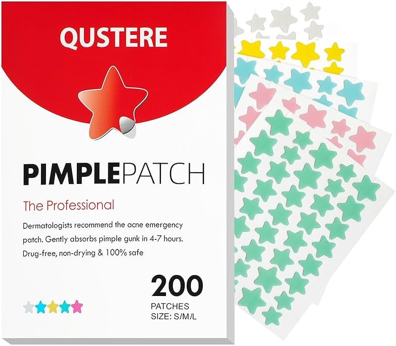 QUSTERE Pimple Patches for Face, Hydrocolloid Acne Patches, Cute Star Zit Covers, Colorful Spot Stickers with Tea Tree, Salicylic Acid & Cica Oil| 3 Sizes (10mm, 12mm & 14mm) |200 Count - Product Image
