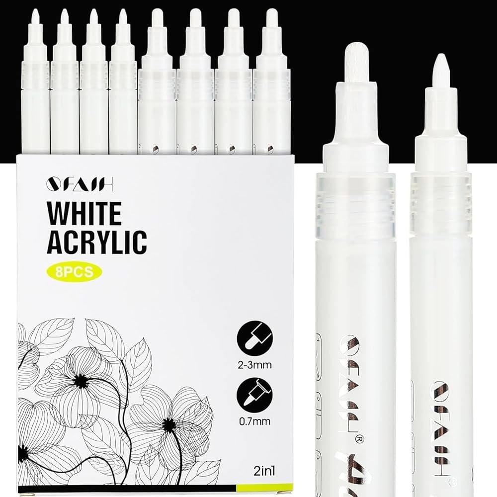 SFAIH Acrylic White Paint Pens - 8 Pack 2-3MM Medium Tip & 0.7MM Extra Fine Paint Marker for Rock Painting, Wood, Metal, Fabric, Plastic, Canvas, Glass, Ceramic, Diy Crafts, White Out Pen - Product Image