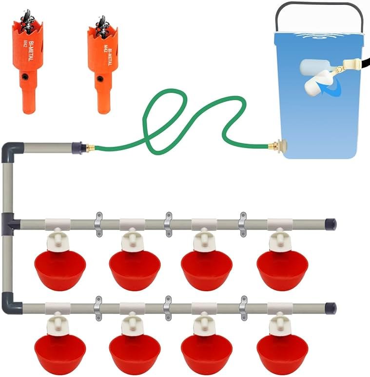 Complete Set Pipeline Automatic Chicken Watering System, 1/2" PVC Tee Fittings & PVC Pipe & Garden Hose, Chicken Water Cups, Poultry Waterer, Automatic Chicken Waterer, Chicken Nipple Waterer - Product Image