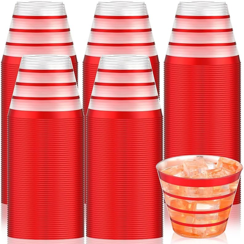 Yaomiao 100 Pcs 9oz Rimmed (4 Ring) Disposable Cups Clear Disposable Wine Glasses Plastic Cup Plastic Cocktail Cups for Christmas Wedding Party Holiday Birthday Gathering(Red) - Product Image