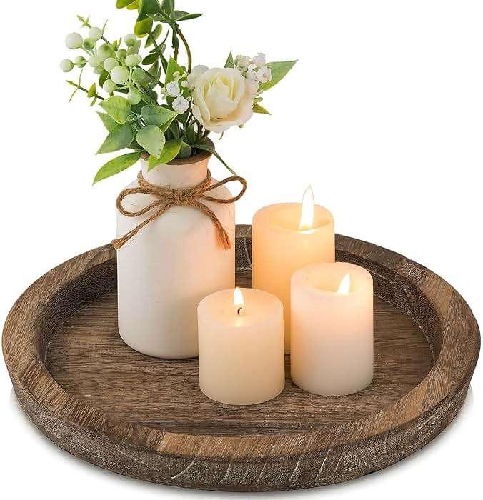 Hanobe Candle Plate Holder Tray: Round Wood Decorative Candle Plate - Rustic Farmhouse CoffeeTable Decor - Tealight Pillar Trays for Home Decor (Distressed) - Product Image