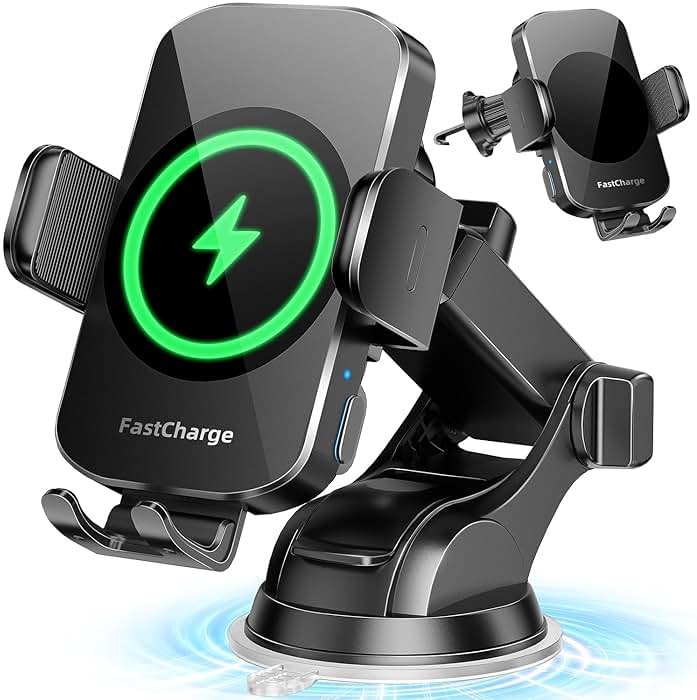 BothLin 3-in-1 Wireless Car Charger Mount, 15W Fast Charging Auto-Clamping Phone Holder for iPhone 17 16 15 14, Samsung Galaxy S24 S23, Dashboard, Vent & Windshield Car Mount(Black) - Product Image