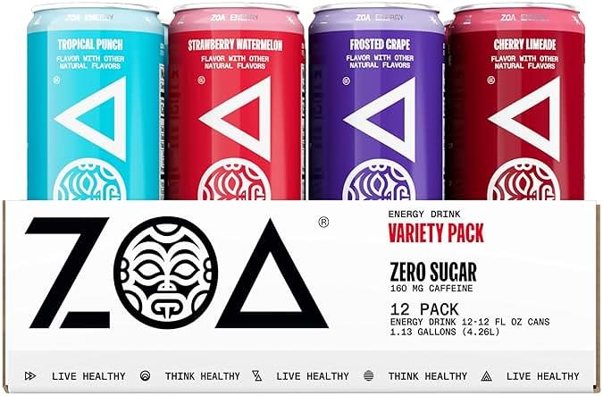 ZOA Zero Sugar Energy Drinks with Electrolytes, Vitamin C, Amino Acids, B-Vitamins, Made with Green Tea Caffeine, Sugar-Free Variety Pack- Four Flavors, 12 Fl Oz Cans (12-Pack) - Product Image
