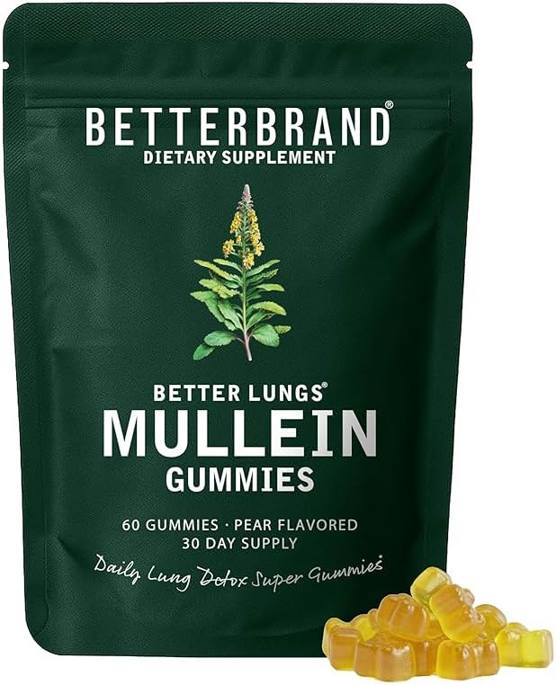 Betterbrand Mullein Chewable Gummies for Lung Cleanse and Detox, Respiratory Health Supplement, 2000mg Mullein Extract per Serving, 50:1 Extract - 30 Day Supply - Pear Flavored - Product Image