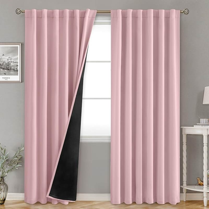 BGment Full Blackout Curtains with Thermal Insulation Liner Curtains 95 Inches Long, Rod Pocket and Back Tab Double Layer Room Darkening Window Curtain for Bedroom(52 x 95 Inch, 2 Panels, Pink) - Product Image