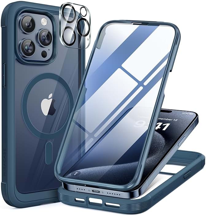 Miracase Magnetic for iPhone 15 Pro Max Case 6.7'' [Compatible with Magsafe] Full-Body Drop Proof Phone Case for iPhone 15 Pro Max with Built-in 9H Tempered Glass Screen Protector,Blue - Product Image