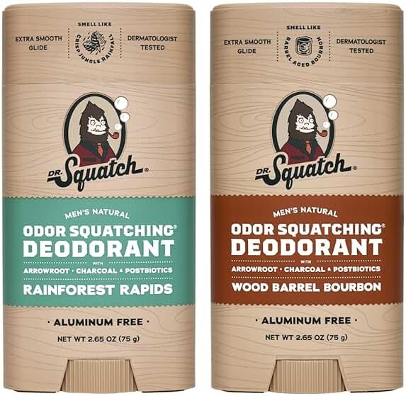 Dr. Squatch Natural Men’s Deodorant – Aluminum Free Natural Deodorant Men with Charcoal & Postbiotics for 72-Hour Odor Protection – Rainforest Rapids + Wood Barrel Bourbon, 2.65oz Stick (2-Pack) - Product Image