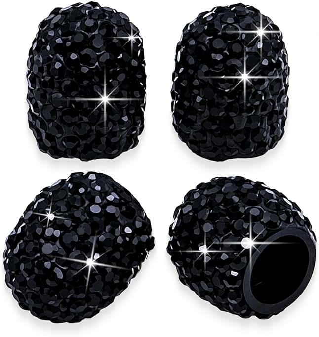 MEAJOO 4PCS Bling Crystal Diamond Tire Stem Valve Caps, Dustproof Car Wheel Tire Valve Caps Universal Tire Valve Stem Covers for Cars, SUV, Trucks, Bikes, Motorcycles, Bicycles (Black) - Product Image