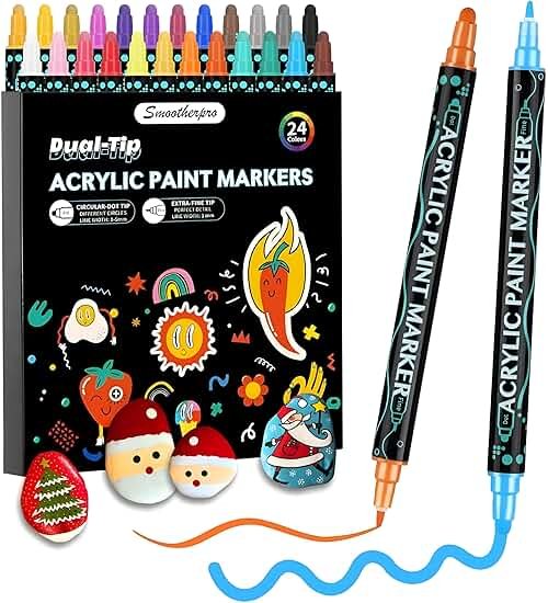 SMOOTHERPRO Acrylic Paint Markers, 24 Colors Dual Tip Acrylic Paint Pens for Wood, Canvas, Stone, Pumpkins, Rock Painting, Glass, Plastic, Ceramic, DIY Crafts Art Supplies - Product Image
