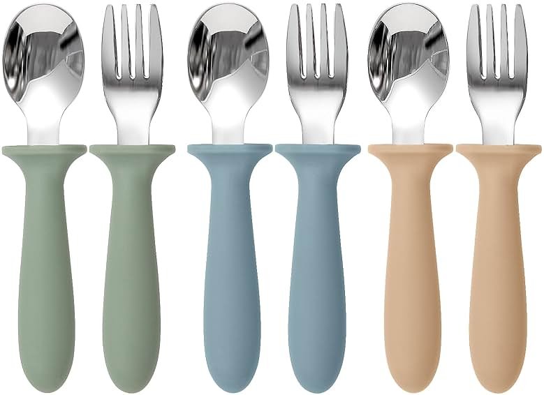 Eascrozn Toddler Utensils, 6 Pack kids Silverware Set with Silicone Handle, 18/8 Stainless Steel Children Safe Forks and Spoons, Dishwasher Safe - Product Image