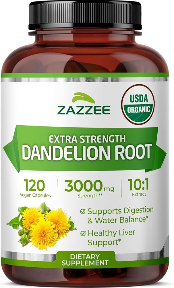 Zazzee USDA Organic Dandelion Root 10:1 Extract, 120 Capsules, 4 Month Supply, Liver & Detox Support, Taraxacum Officinale, Organic Herbal Supplement, All-Natural, Non-GMO, Made in the USA - Product Image