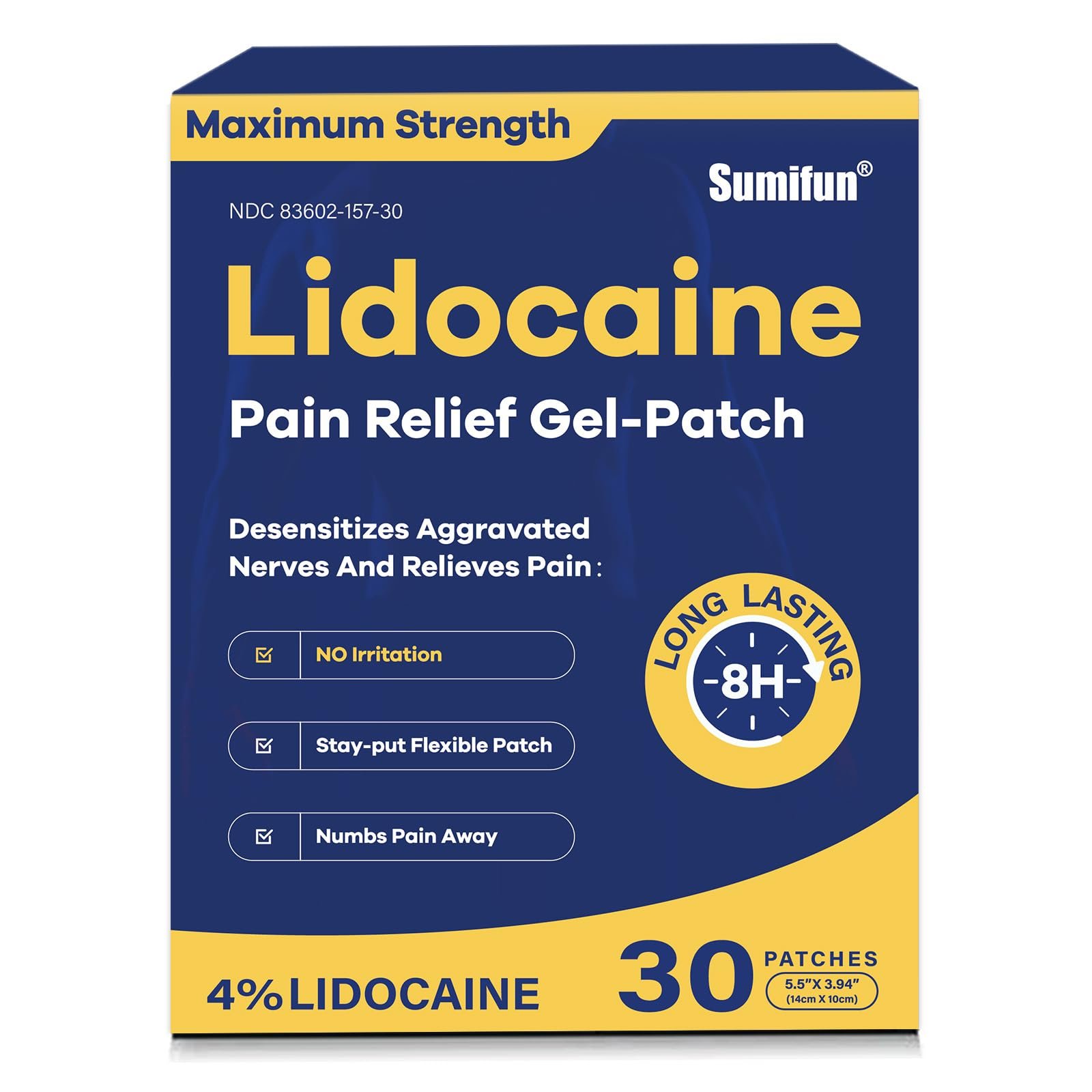 Sumifun 4% Lidocaine Pain Relief Patches 30 Count Maximum Strength Numbing Gel Patch for Back Knee Neck Joint Ache Muscle Soreness Topical Analgesic - Product Image