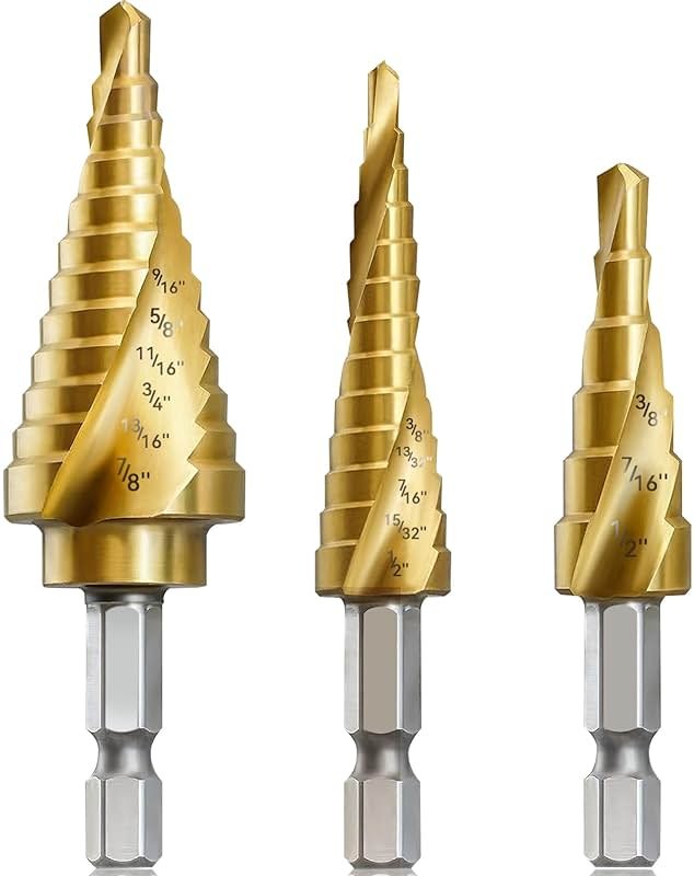 AIMLENTOOL 3PC Step Drill Bit Set, 1/4" Hex Shank High-Speed Steel Spiral Grooved Step Drill Bit for Sheet Aluminium Metal Wood Hole Drilling, 31 Step Sizes Taper Drill bit Set for DIY Lovers - Product Image