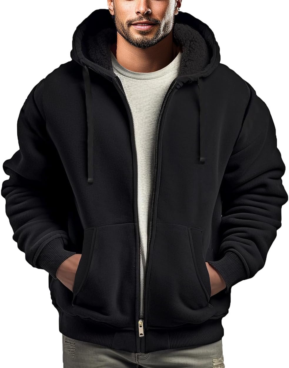 Genafy Hoodies for Men Full Zip Up Fashion Sweatshirt Thick Fleece Sherpa Lined Winter Jackets Warm Coats - Product Image