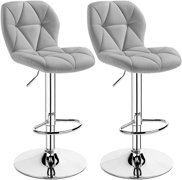 Yaheetech Bar Stools Set of 2, Modern Adjustable Kitchen Island Chairs with Back, 300 lbs Capacity PU Leather Swivel Counter Height Stools, Light Grey - Product Image