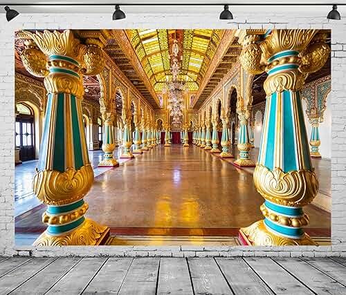 BELECO 7x5ft Fabric Royal Indian Palace Backdrop Mysore Palace,Karnataka,India Gilded Columns Glass Ceiling with Luxurious Chandeliers Background Indian Travel Portrait Photo Shoot Studio Props - Product Image