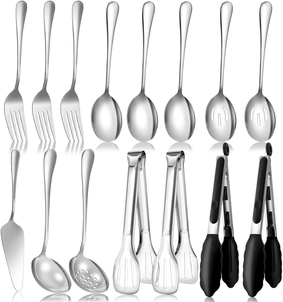 Serving Utensils Set for Partie, Silver Stainless Steel Metal Serveware Large Serving Spoons, Slotted Spoons, Forks, Tongs, Soup and Skimmer Spoon, Cake Server for Buffet, Catering, Entertaining 15pcs - Product Image