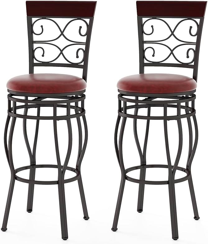 Safeplus 30 Inches Bar Height Bar Stools Set of 2, 360 Degree Swivel Retro Tall Metal Barstools with Leather Padded Seat and Back for Bistro Dining Kitchen Room Pub Vintage Chairs - Product Image