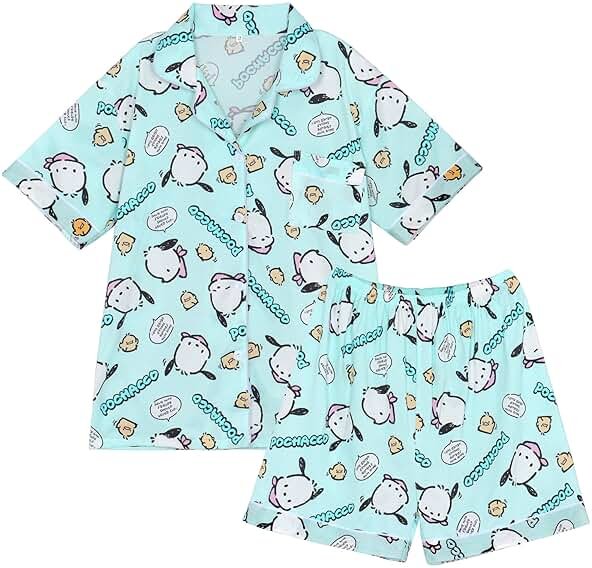 WANHONGYUE Kawaii Cartoon Pajamas for Women Girls Sleepwear Loungewear Short Sleeve Shirt with Shorts 2 Piece Pajama Sets Blue-3 M - Product Image
