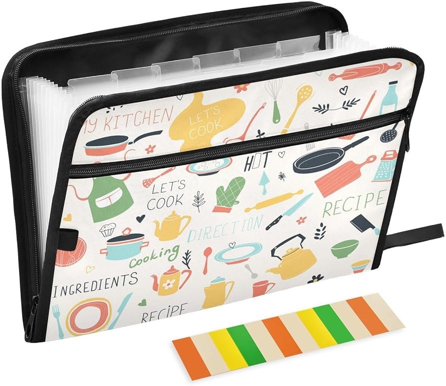 Quteprint 13 Pockets Expanding File Folder with Zipper Closure, Kitchen Icon Sets Recipe Accordion File Folder with Sticky Labels, Letter Size A4 Papers Expandable File Document Organizer - Product Image