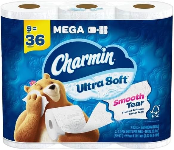 Charmin Ultra Soft Toilet Paper, 9 Mega Rolls = 36 Regular Rolls - Product Image