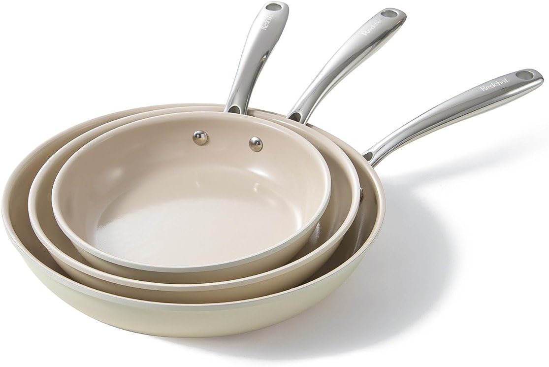 Redchef Non Stick Frying Pans, Ceramic Pan Skillet, Non Toxic Pans for Cooking, 8" 9.5" 11" Ceramic Frying Pan Set PFAS & PTFE & PFOA Free with Stay Cool Handle, Dishwasher & Oven Safe, Beige White - Product Image