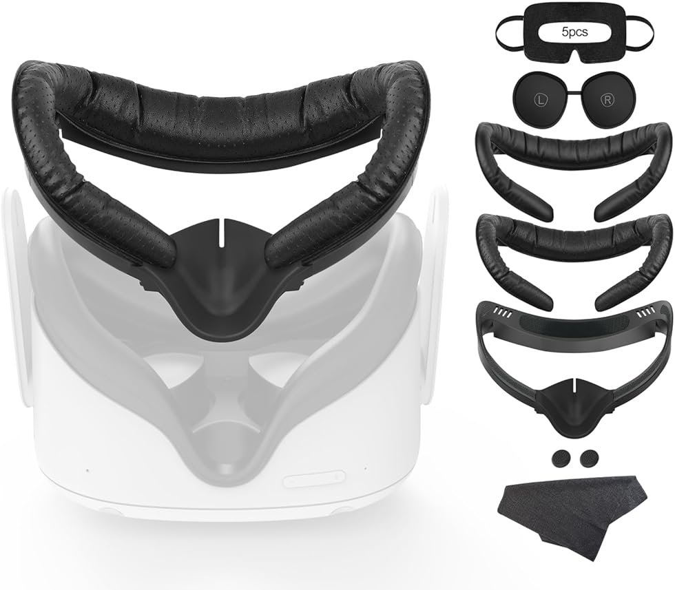 VR Facial Interface for Oculus Quest 2 Face Pad Replacement, 2PCS PU Leather Foam Cushion Pad for Meta Quest 2 with Vr Lens & Thumbstick Covers, 5PCS Disposable Eye Covers - Product Image