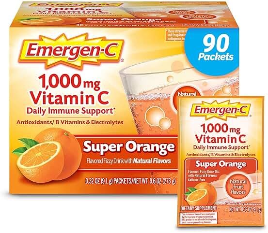Emergen-C 1000mg Vitamin C Immune Support Powder Super Orange 90CT includes Zinc, Manganese, 7 B Vitamins and Electrolytes for Back to School Essentials - Product Image