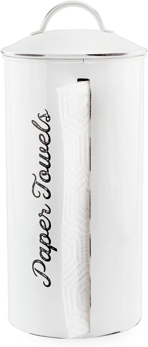 AuldHome Design Farmhouse Paper Towel Holder (White); Rustic Enamelware Countertop Paper Towel Dispenser for Kitchen - Product Image