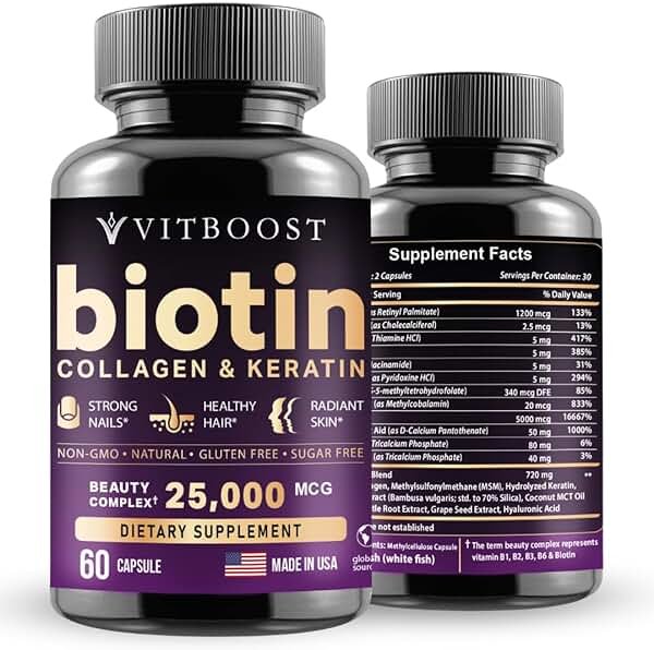 VITBOOST Biotin with Hyaluronic Acid, Collagen and Keratin – 25000 mcg Hair Growth Vitamins for Men and Women – Nails and Skin, USA Made - Third Party Tested, B1, B2, B3, B6, B7 Complex - 60 Capsules - Product Image