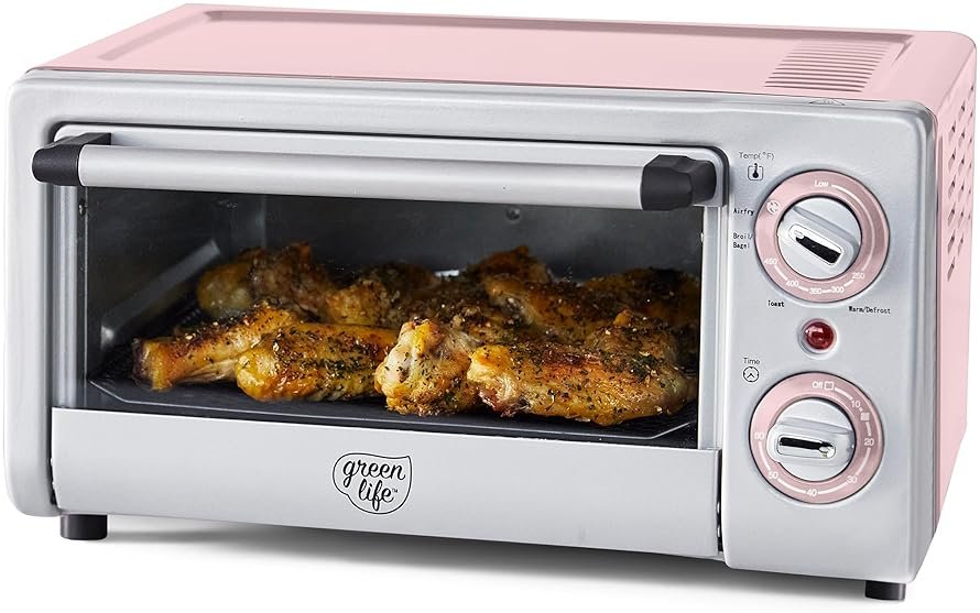 GreenLife Countertop Toaster Oven Air Fryer Stainless Steel, Healthy Ceramic Nonstick, PFAS Free, Tray & Basket, Bake, Broil, Reheat, Adjustable Temp & Time Control, Auto Shutoff, Pink - Product Image