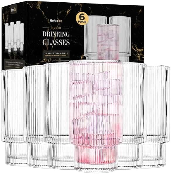 Kitchen Lux Ribbed Drinking Glasses - Ribbed Glass Cups 12 oz - Ribbed Glassware Set of 6 - Textured Vintage Retro Ripple Aesthetic Glass Ware for Whiskey Cocktail Beer Water, Coffee Bar Accessories - Product Image
