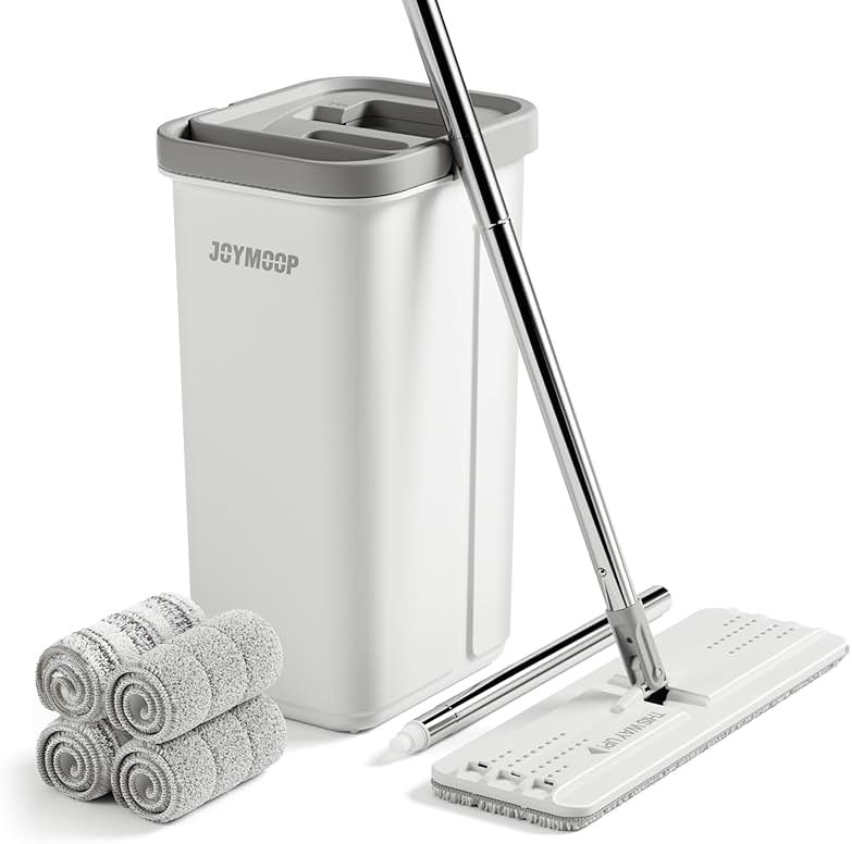 JOYMOOP Flat Mop System, Microfiber Mop and Bucket Set, White, Hands-Free Floor Cleaning System with Wringer, Wet and Dry Use, 60" Handle, Includes 4 Reusable Pads - Product Image