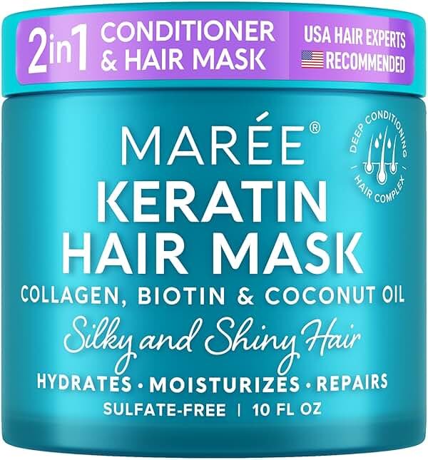 MAREE Deep Conditioning Hair Mask for Damaged Hair Treatment – Keratin Hair Care for Hydrating Growth Repair Moisturizing – Dry Curly Color Refreshing – 10 Fl Oz, White - Product Image