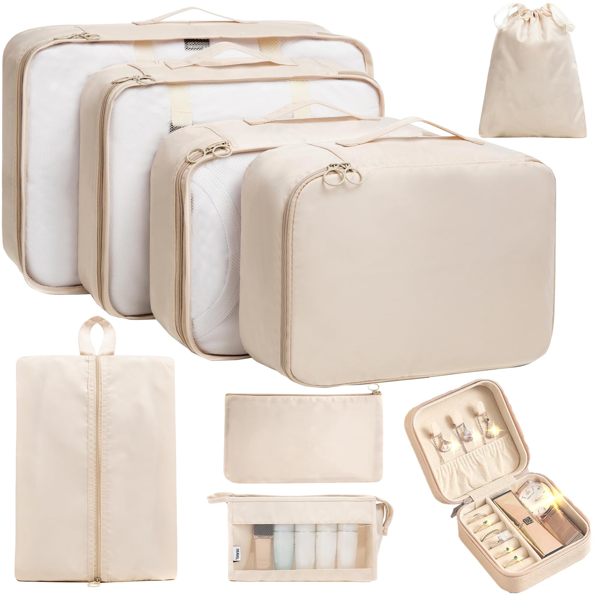 TRAILKICKER 9 Set Packing Cubes for Carry on Suitcase Travel Organizer Bags for Luggage Suitcase Organizer Bags Packing Cube Set for Packing Women Men (Beige) - Product Image