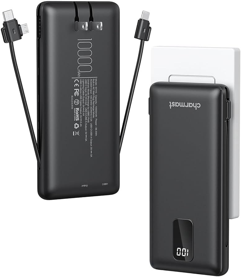 Charmast Portable Charger with Built-in Cables & Wall Plug, 10000mAh Portable Power Bank, External Battery Pack Travel Essentials Compatible with iPhone 16/15/14/13, Samsung, iPad etc - Product Image