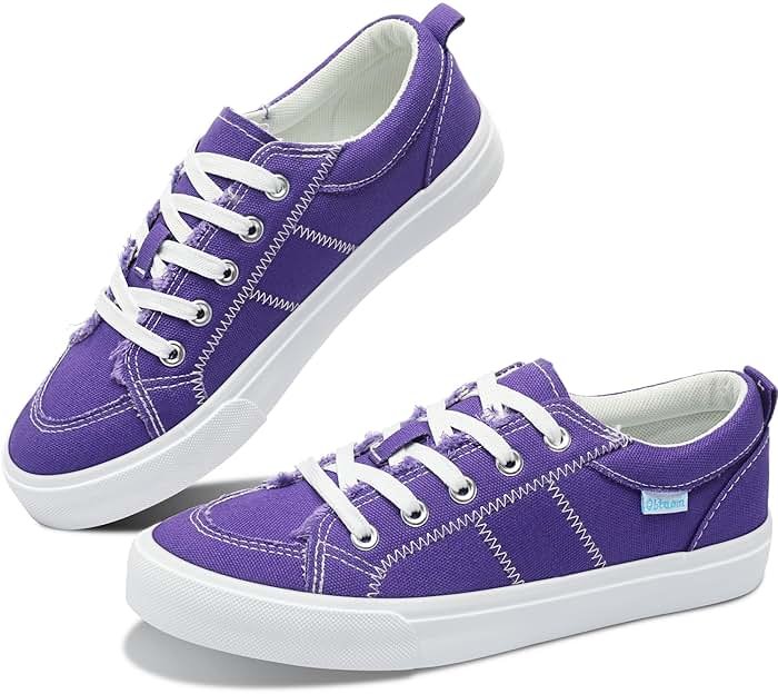 Obtaom Women's White Play Fashion Sneakers Cute Lace up Canvas Shoes Low Top Washed Canvas Flat for Lady - Product Image