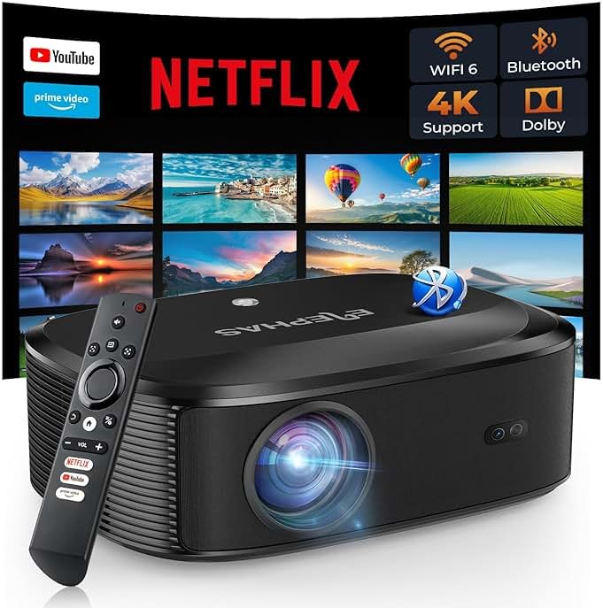 4K Projector with WiFi and Bluetooth - 3000 ANSI Lumens, ELEPHAS Outdoor Movie Projector Compatible with NETFLIX/Prime Video/YouTube, Smart Projector for HDMI/USB/iOS/Android, Portable Home Cinema - Product Image