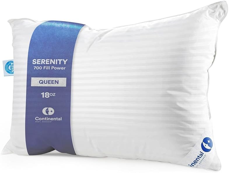 Continental Bedding Serenity Collection 700 Fill Power Hungarian Down Pillow in Low, Medium, Extra Loft - RDS Certified Down - Oeko-TEX 400TC Cotton - Standard, Queen, King - Product Image
