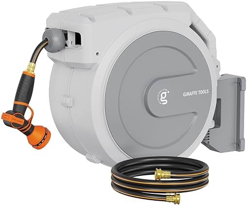 Giraffe Tools Heavy Duty Retractable Garden Hose Reel 1/2 130 FT, Wall Mounted with 9 Pattern Nozzle & Detachable Leader Hose, 180° Swivel Bracket, Any Length Lock, Commercial Grade (Light Grey) - Product Image