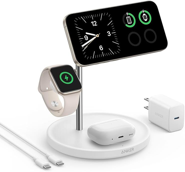 Anker MagSafe Charger Stand Compatible, iPhone 17 MagGo 3 in 1 Wireless Charging Station,Qi2 Certified 15W Wireless Charger, Desk Accessory, for iPhone 15/14/13/12 Series Apple Watch, AirPods - Product Image