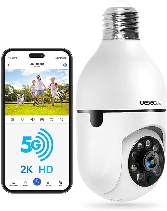 WESECUU Light Bulb Security Camera -5G& 2.4GHz WiFi 2K Security Cameras Wireless Outdoor Motion Detection and Alarm,Two-Way Talk,Color Night Vision,Human Detection, Bulb Camera Compatible with Alexa - Product Image